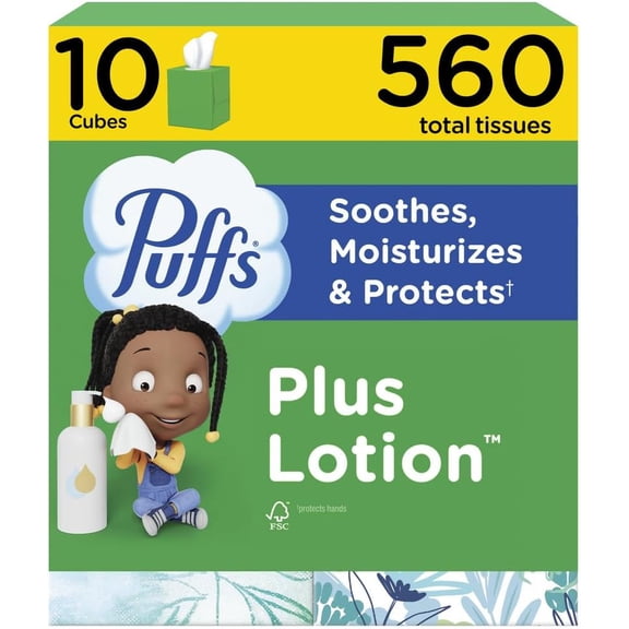 Facial Tissues Plus Lotion, 10 Cube Boxes, 56 Facial Tissues per Box, Allergies and Colds (Packaging May Vary) (Packaging May Vary)