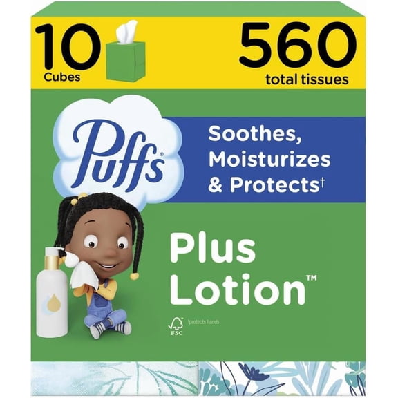 Facial Tissues Plus Lotion, 10 Cube Boxes, 56 Facial Tissues per Box, Allergies and Colds (Packaging May Vary) (Packaging May Vary)
