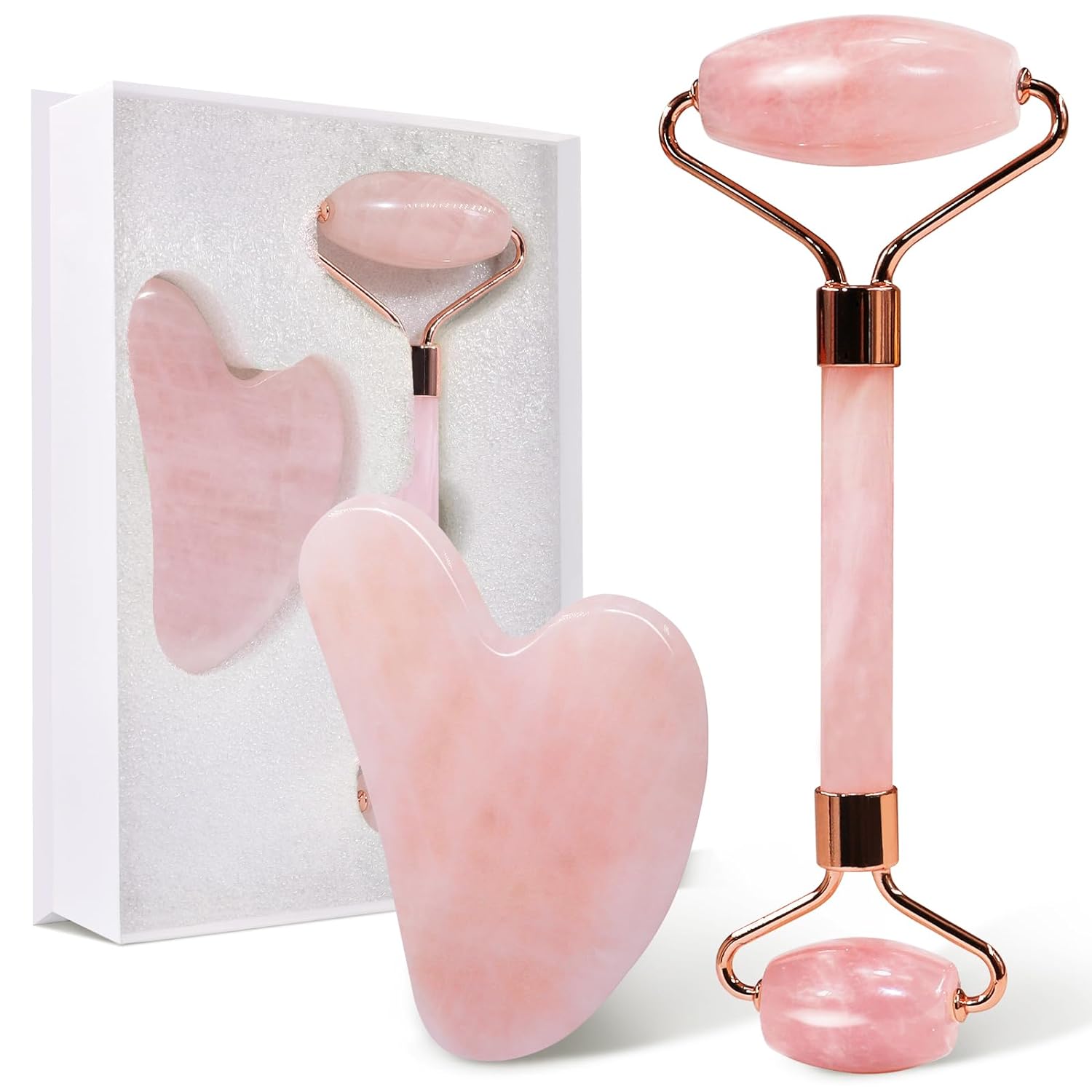 Facial massage rose quartz facial roller and scraping facial tool set