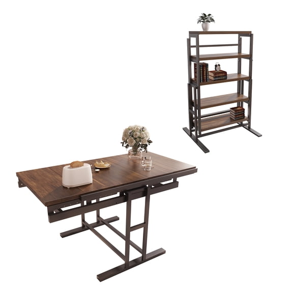 Facilehome 2-in-1 Convertible Table to Shelf, Space Saving Desk, Dark Walnut