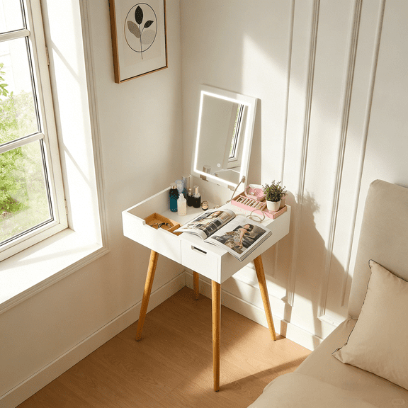 Facilehome 2-in-1 Vanity Desk with Flip-Up Mirror, White Writing Desk with Hidden Storage, Modern Makeup Table for Bedroom or Home Office, 23.6 x 19.7 x 31.5 in