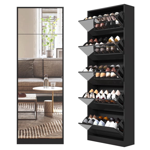 Facilehome 5-Tier Mirror Shoe Cabinet with 2-Layer Flip Drawers, Ultra-Thin Storage for 30 Pairs, Narrow Entryway Organizer, Black