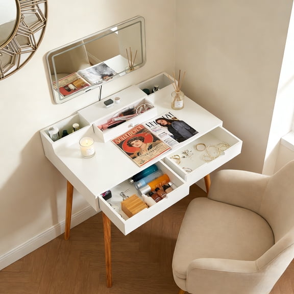 Facilehome Lighted LED Makeup Vanity Table, Dressing Desk with Adjustable LED Lighting, Large Mirror & Dual Drawers, White Bedroom & Closet Vanity