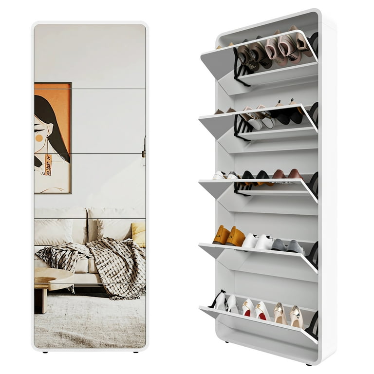 Facilehome Slim Wooden Shoe Storage Cabinet with Mirror, Arc