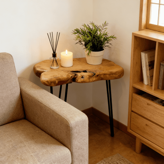 Facilehome Natural Edge End Table, Wood Side Table Live Edge Coffee Table,Nightstand Plant Stand Solid Wood,Perfect New Year Gift