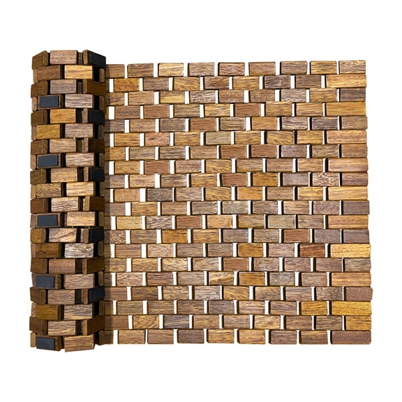 Facilehome Natural Teak Wood Bath Mat, 15.75" x 23.62" Roll-Up Wooden Shower Mat with Non-Slip Backing for Bathroom, Pool and Outdoor