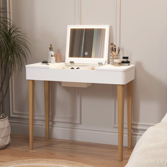 Facilehome Vanity Desk with LED Lights,Makeup Table with Flip Top Mirror,Writing Desk for Bedroom,Perfect New Year Gift,White