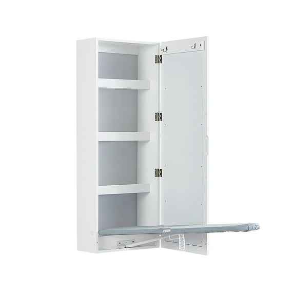 Facilehome Wall-Mounted Ironing Board Cabinet,Fordable Ironing Storage Station with Mirror,White