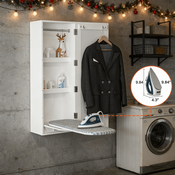 Facilehome Wall Mounted Ironing Board Cabinet with Mirror,Foldable Hanging Ironing Board for Home and Apartment,Perfect New Year Gift,White