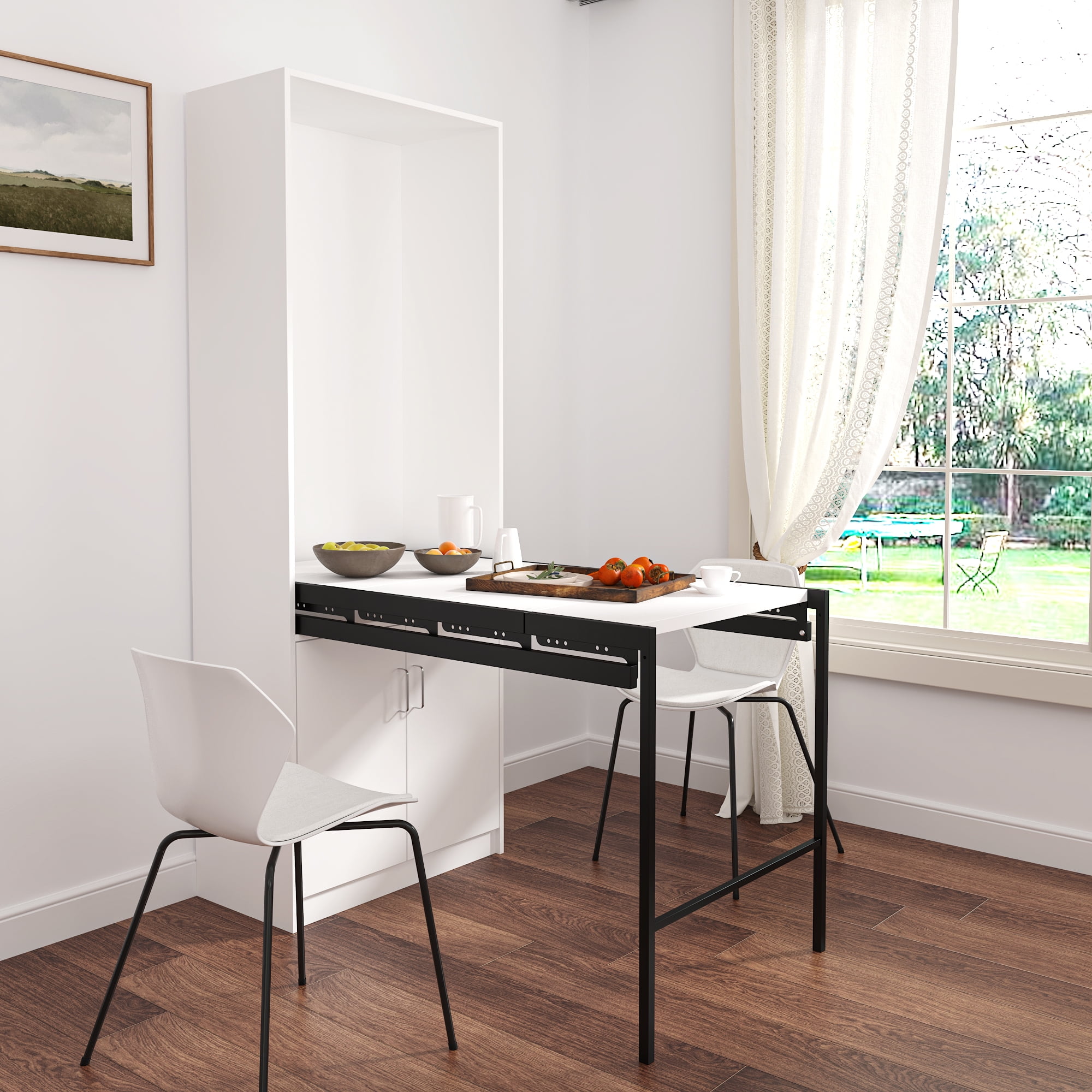 Facilehome Wall Mounted Table with Storage cabinet Convertible Writing Table with metal shelf Collapsible Fold Down Desk Table White