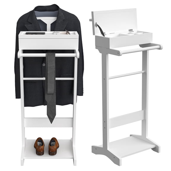 Facilehome Wooden Valet Stand with Flip Top Jewelry Organizer and Shoe Base, Freestanding Clothes Rack for Bedroom and Entryway, White