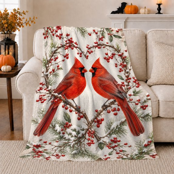 Facing Red Cardinals Within Berry Branch Heart, Soft Flannel Blanket with Naturalistic Winter Illustration Print, Housewarming Gift and Home Decor for Bedroom and Living Room