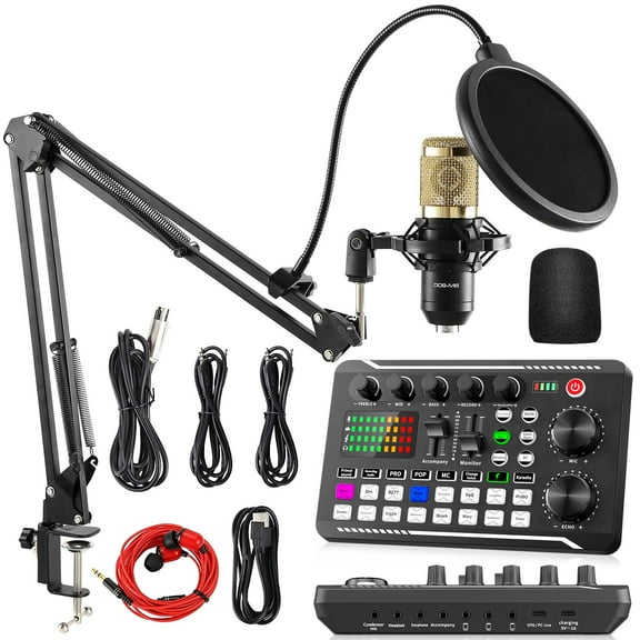 Facmogu Podcast Equipment Bundle, F998 Live Sound Card with BM800 Recording Studio Microphone, Professional Live Sound Card