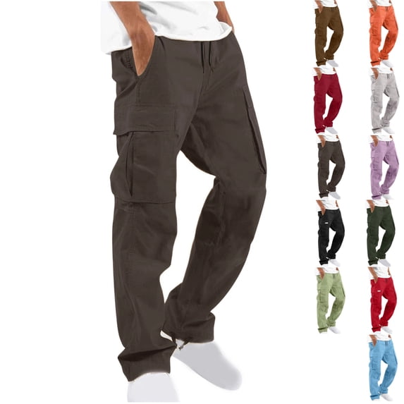 Facnwert Men Solid Casual Multiple Pockets Outdoor Straight Type Fitness Pants Cargo Pants Trousers Work Pants Going Out