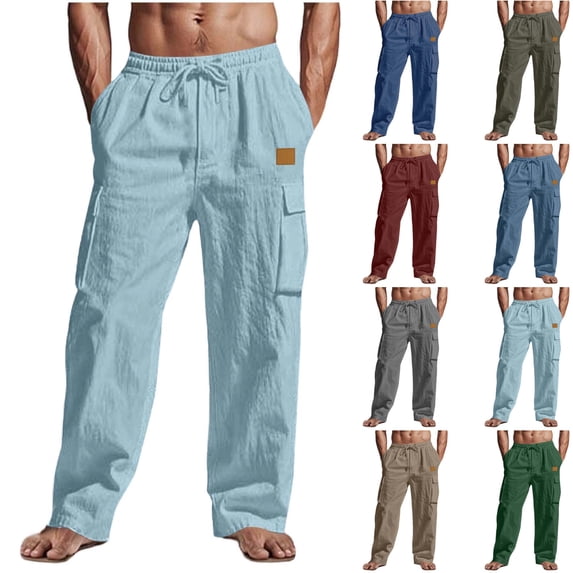 Facnwert Men's Summer Fashionable Solid Color Multi Pocket Workwear Drawstring Casual Linen Pants Going Out Everyday Pants