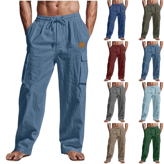 Facnwert Men's Summer Fashionable Solid Color Multi Pocket Workwear Drawstring Casual Linen Pants Going Out Everyday Pants