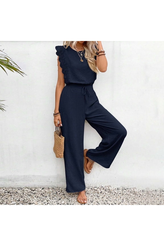 Women Fashion Solid Color Workwear Belt Ruffled Sleeve Round Neck Drawstring Jumpsuits Wide Leg Pants
