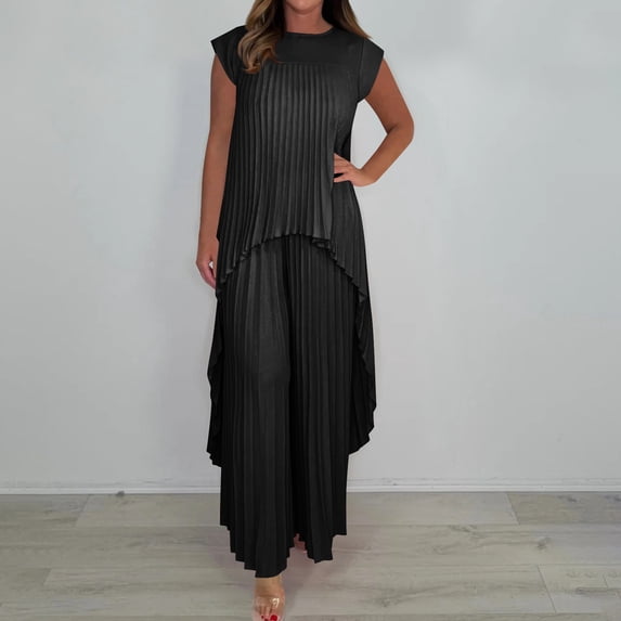 Facnwert Women'S Spring And Summer Solid-Color Round-Neck Short-Sleeved Pleated Top And Straight-Leg Pants Casual Set