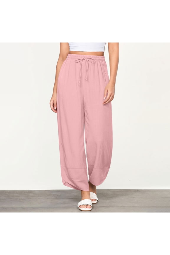 Women Wide Leg Pants Loose Casual Trousers Elastic Waist Pocket High Waisted Drawstring Pants With Split Legs