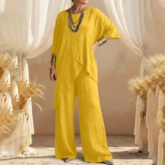 Facnwert Women's Solid Color Two-piece Short Sleeved Round Neck Loose Casual Irregular Hem Set