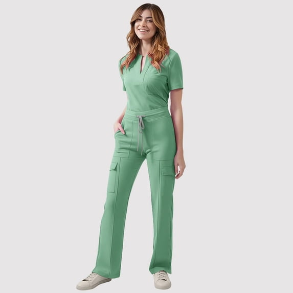 Facnwert Women's V-Neck Top With Drawstring Pocket Pants And Casual Two-Piece Set For Protective Uniform Care Workers