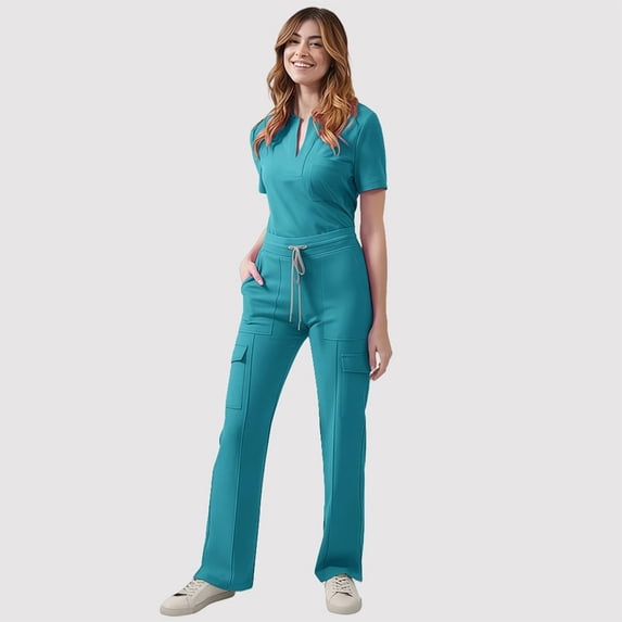 Facnwert Women's V-Neck Top With Drawstring Pocket Pants And Casual Two-Piece Set For Protective Uniform Care Workers