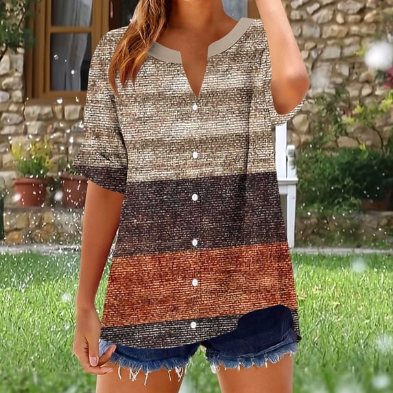 Facnwert Women's V-neck Short Sleeved Non Positioning Printed Summer Button Short Sleeved Loose And Fashionable T-shirt