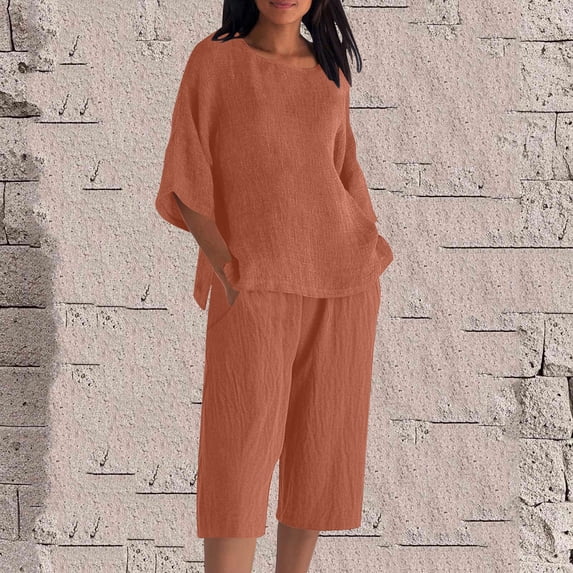 Facnwert Womens Capris Pants Loose Casual Solid Color And Flax Round Neck 3/4Sleeve Tops,Trousers Outwear Set Casual Loungewear