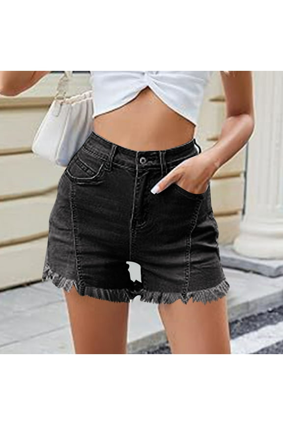 Womens Jean Shorts Pocket Pants Female Bottom Casual High Waisted Casual Stretchy Raw Edge Hemline Denim Shorts