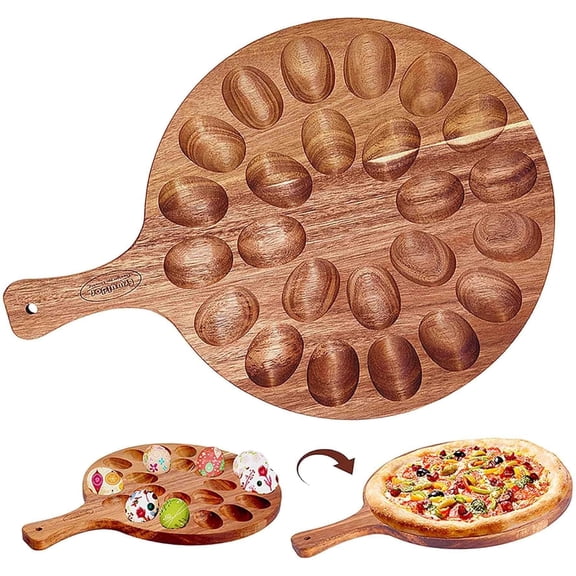 FacoFaco 16" x 12" Deviled Egg Platter & Tray Handled Acacia Wood 24-Slot