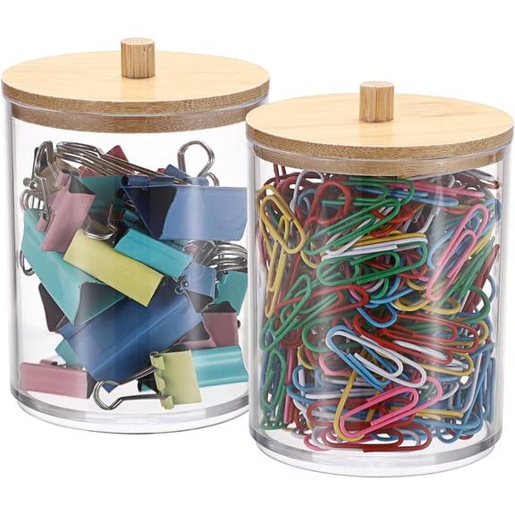 FacoFaco 2 Pack Clear Paper Clip Holder with Bamboo Lid, Plastic Paperclip Box Useful Office Supply Accessory Organizer Round Small Storage Holder Cute Qtip Holder for Office Vanity