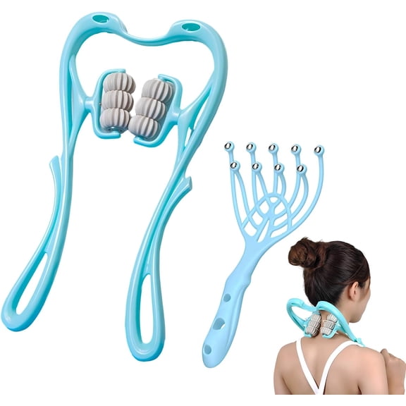 FacoFaco Neck Massager, 6 Wheel Manual Cervical Massager with Nine Claws Head Massager, Handheld Dual Pressure Roller Massager Tool, Blue