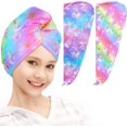 thumbnail image 1 of FacoFaco Pack of 2 Microfiber Hair Towel Rapid Drying Towel Wrap for Wet Hair with Button Women Girls Long Curly Hair, Rainbow, 1 of 14
