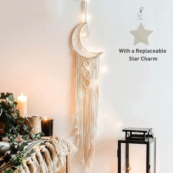 FacoFaco White Boho Crochet Crescent Moon Star Dream Catcher Woven Wall Hanging, 7.5"x39.3" Cotton Textile Art (Without Light)