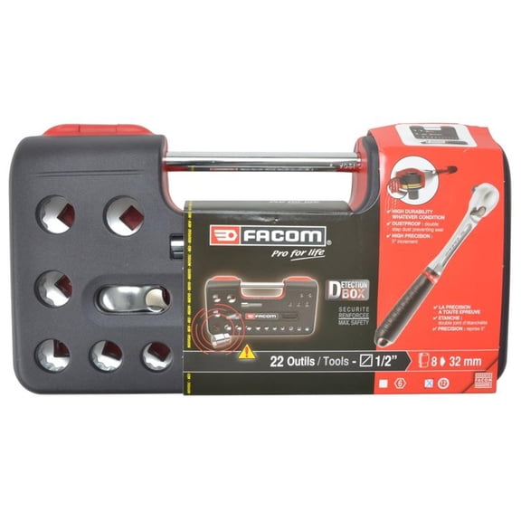 Facom - 1/2in Drive 12-Point Detection Box Socket Set, 22 Piece Metric