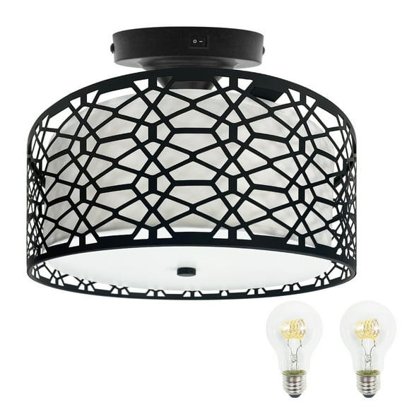 Facon 11'' RV Pendant Dining Table Light with Switch and 2 Replaceable LED Bulbs, Decorative Fabric Dinette Light Fixture, Black Cage Shape for RV Motorhome Camper Trailer