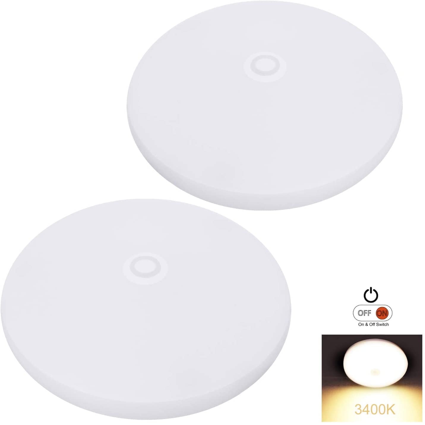 Facon 4-1/2'' LED RV Puck Light Super Slim Under Cabinet Light, 2-Packs Surface Mount Ceiling Dome Lamp with Push Switch, 12V DC Interior Lamp for RV Camper Trailer Motorhome, 3400K Warm White