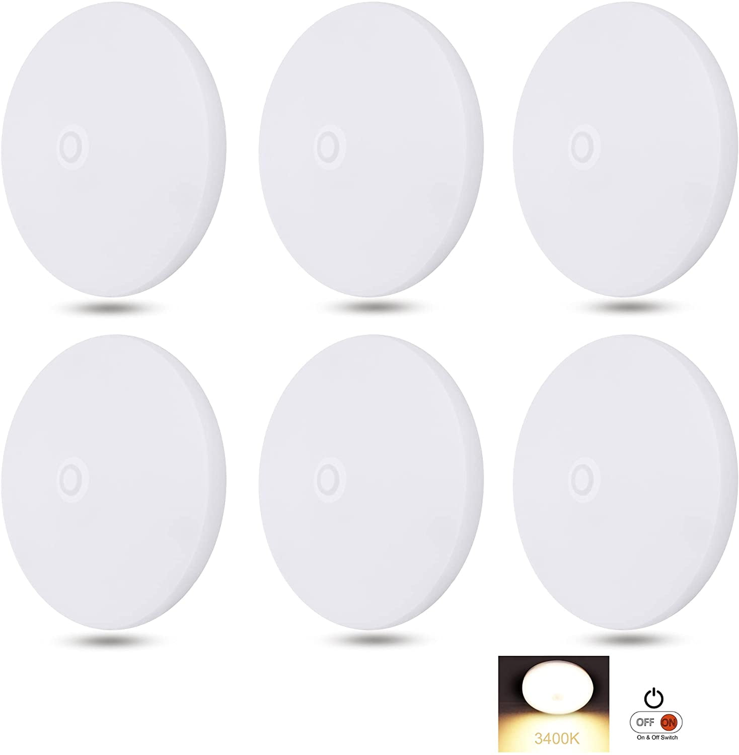 Facon 4-1/2'' LED RV Puck Light Super Slim Under Cabinet Light, 6-Packs Surface Mount Ceiling Dome Light with Push Switch, 12V DC Interior Light for RV Camper Trailer Motorhome, 3400K Warm White Light