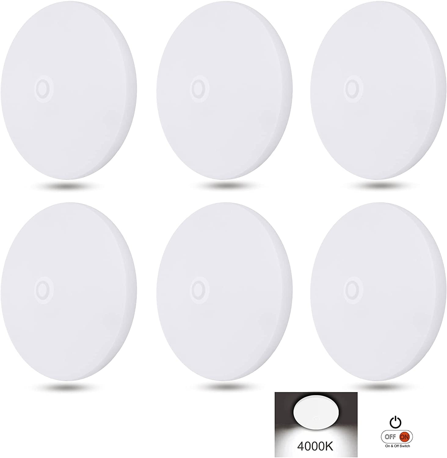 Facon 4-1/2'' LED RV Puck Light Super Slim Under Cabinet Light, 6-Packs Surface Mount Ceiling Dome Light with Push Switch, 12V DC Interior Light for RV Camper Trailer Motorhome, 4000K Cool White Light