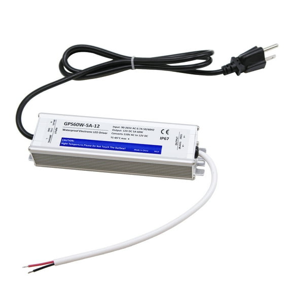 Facon 60 Watts LED Power Supply Transformer, Waterproof IP67 LED Driver Adapter, 110-130V AC to 12V DC Low Voltage Output with 3-Prong Plug 3.6 Feet Cable for Indoor&Outdoor Use