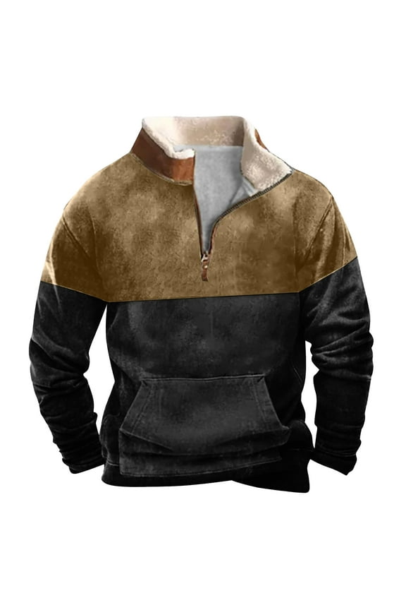 Men's Pullover Sweatshirt, Autumn and Winter Standing Collar Zipper Colorblocking Sweatshirt, Vintage Ethnic Style Printed Padded Kangaroo Pocket Pullover Sweatshirt, Men's No Hoodie