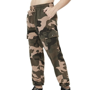 Facrlt Mens pants Camouflage Printed Sweatpants, Lace-Up Multi-Pocket Elastic Drawstring Tactical Pants