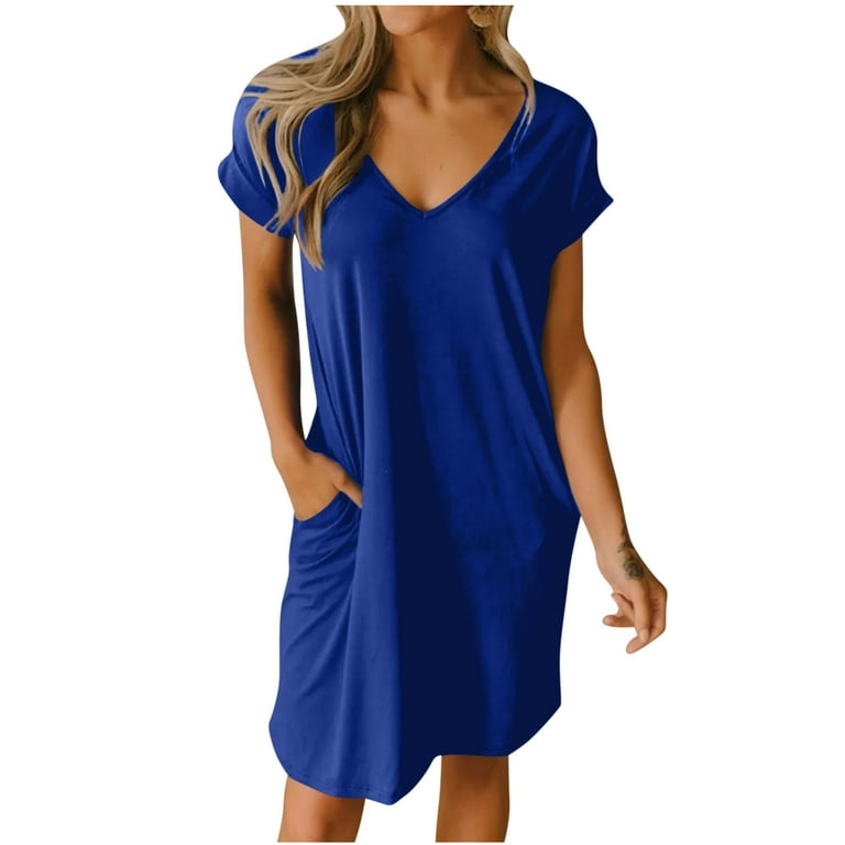 Facrlt Mother s Day Women s Short Sleeve Round Neck One Piece Dresses with Pockets Solid Color Knee Length Short Skirts Leisure Regular Classic