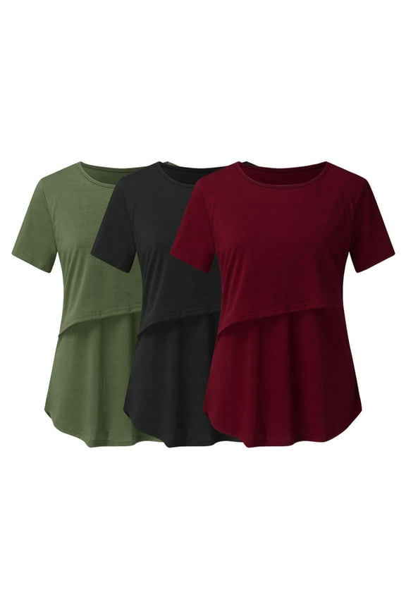 PregnantPregnancy Womem's Round Neckline Short Sleeve Solid Color Blouses Summer Soft Breathable Breast-feed Tops For Maternity Period