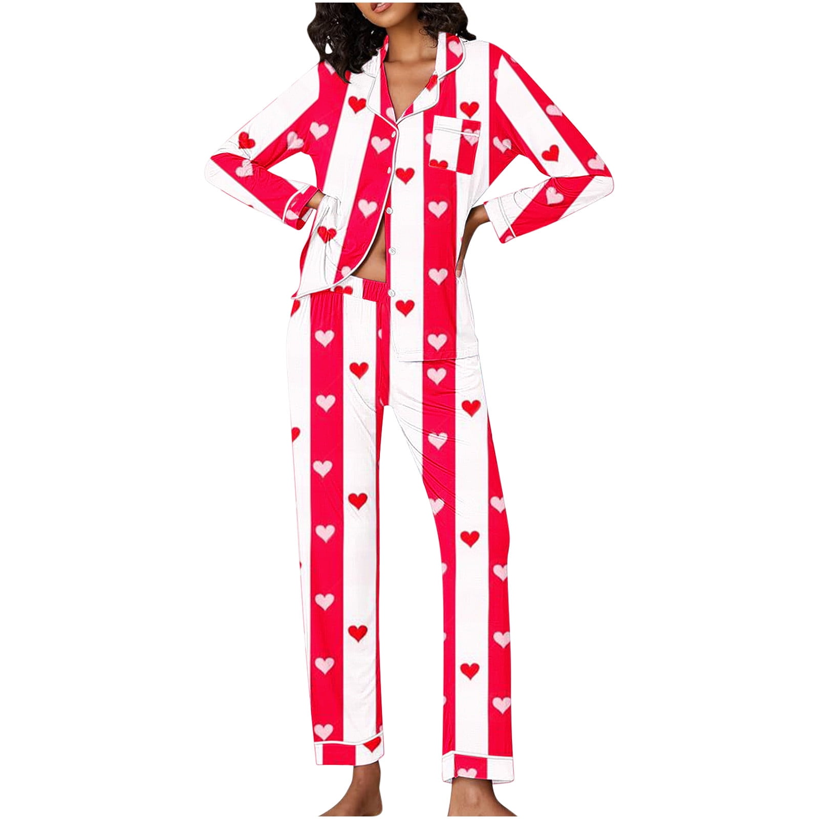 Facrlt Women's Valentine's Day Pajama Hearts Print Long Sleeve