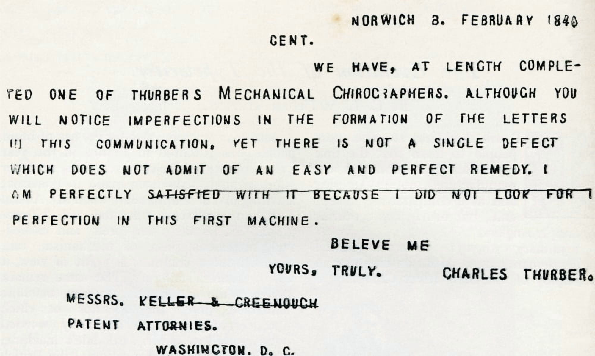Facsimile Of Part Of The First Letter Ever Typewritten Executed On The Thurber Machine In 1840 From The Strand Magazine Published 1897 Canvas Art - Ken Welsh Design Pics (20 x 12)