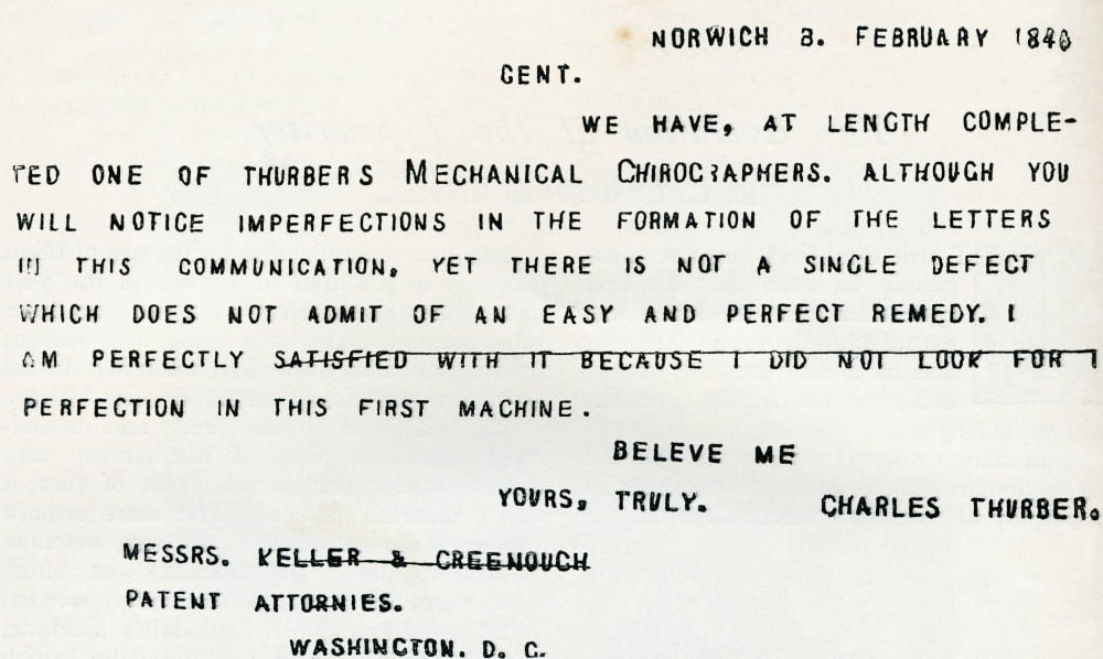 Facsimile Of Part Of The First Letter Ever Typewritten Executed On The Thurber Machine In 1840 From The Strand Magazine Published 1897 Canvas Art - Ken Welsh Design Pics (40 x 24)