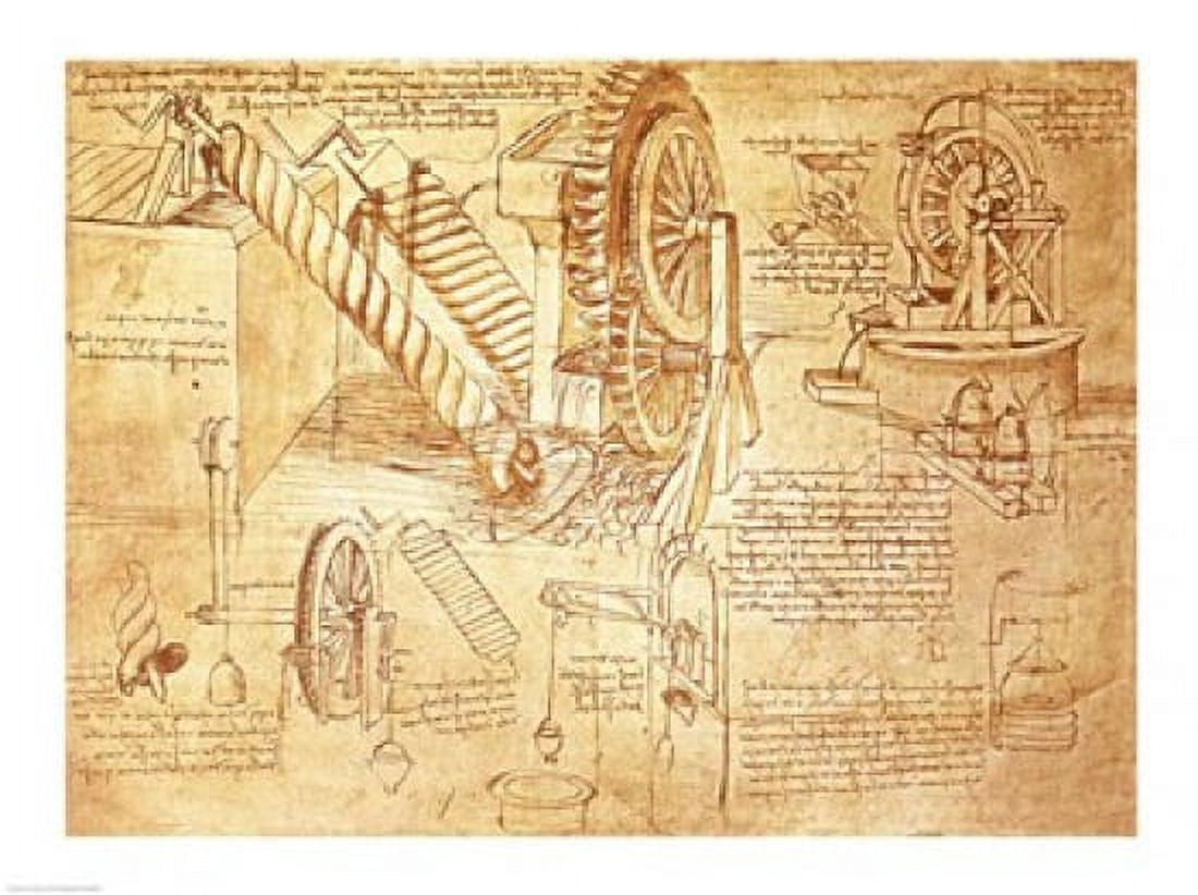 Facsimile of Codex Atlanticus Screws and Water Wheels Canvas Art - Leonardo Da Vinci (24 x 18)