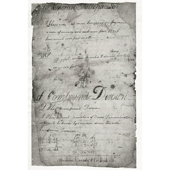 Facsimile of a page of Abraham Lincoln's school mathematics book. Abraham Lincoln 1809 Poster Print