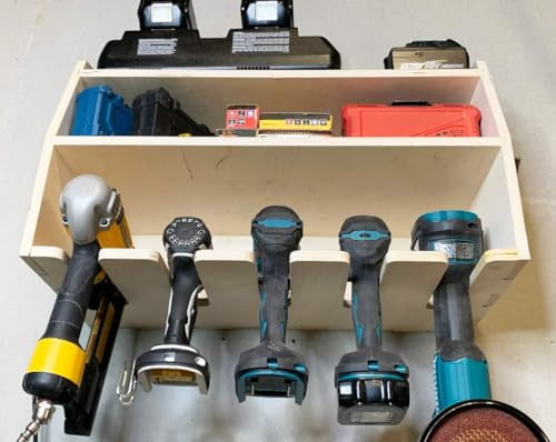 Factory Crafts Drill Charging Station | Drill Storage | Wall Mounted Tool Storage Organizer | Power Tool Storage - Power Drill Toolbox Screwdriver Cordless Drill Organizer - Wooden 5-Slot